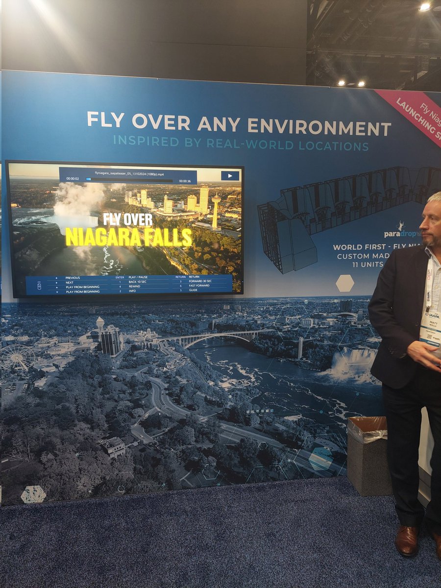 Blooloop's tweet image. Over with the @frontgrid team at booth #1781, we&apos;re learning how guests will be able to explore Niagara Falls in a way that they never could before by flying over it under canopy in VR - a major new gamified attraction to open in 2025. #IAAPAExpo