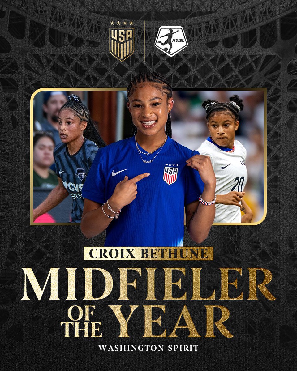 USWNT's tweet photo. The first-ever @NWSL Midfielder of the Year is also the 2024 Rookie of the Year!

What a 2024 for @CroixBethune 👏 https://t.co/rfR0O2Env7