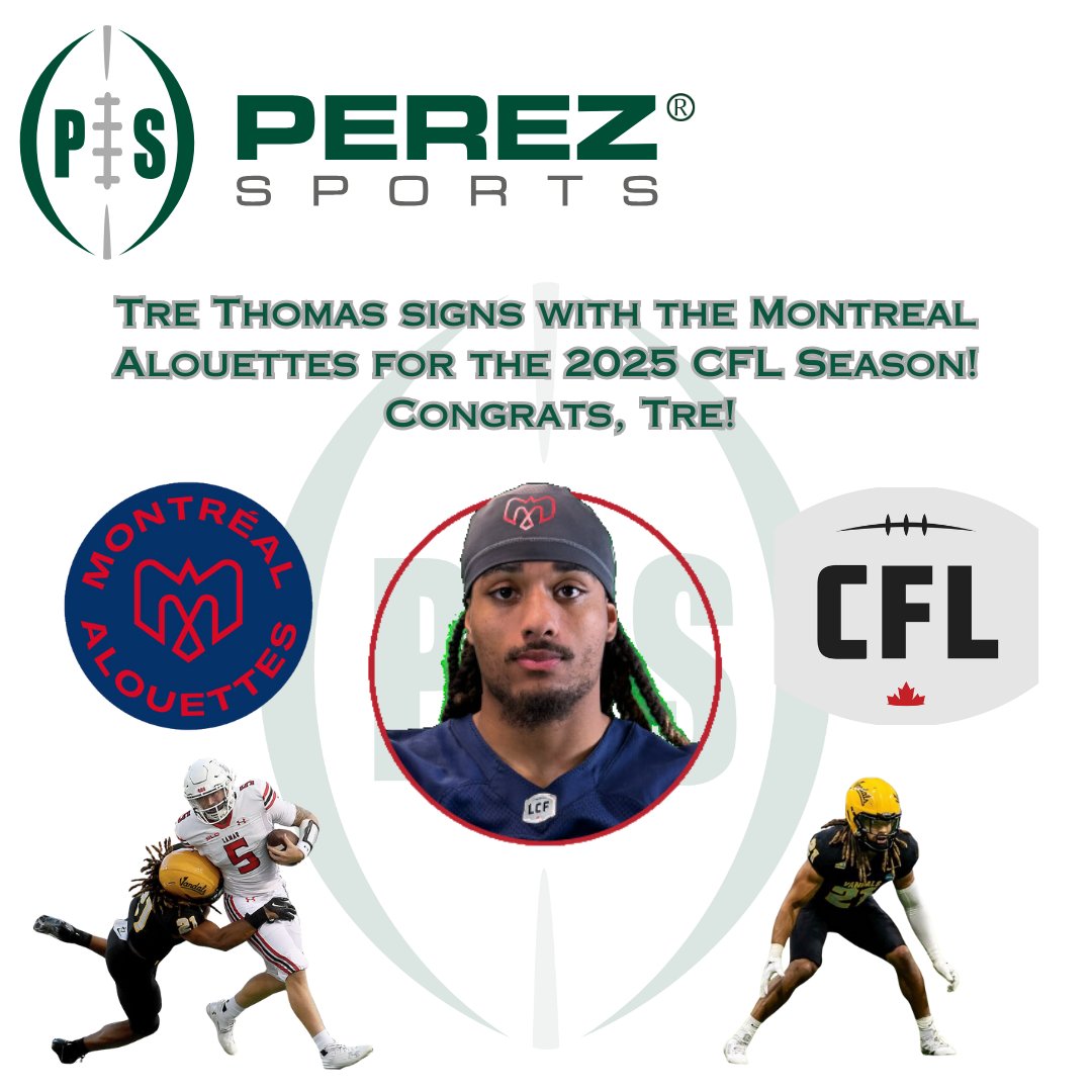 Perez Sports Associates, LLC. (@perezsports) on Twitter photo Congrats to <a href="/PerezSports/">Perez Sports Associates, LLC.</a> client, Tre Thomas (<a href="/trethomas21/">TreThomas</a>), on signing with the <a href="/MTLAlouettes/">Alouettes de Montréal</a> for the 2025 <a href="/CFL/">CFL</a> season! <a href="/PerezSportsJP/">John Perez</a> Congrats to <a href="/PerezSports/">Perez Sports Associates, LLC.</a> client, Tre Thomas (<a href="/trethomas21/">TreThomas</a>), on signing with the <a href="/MTLAlouettes/">Alouettes de Montréal</a> for the 2025 <a href="/CFL/">CFL</a> season! <a href="/PerezSportsJP/">John Perez</a>