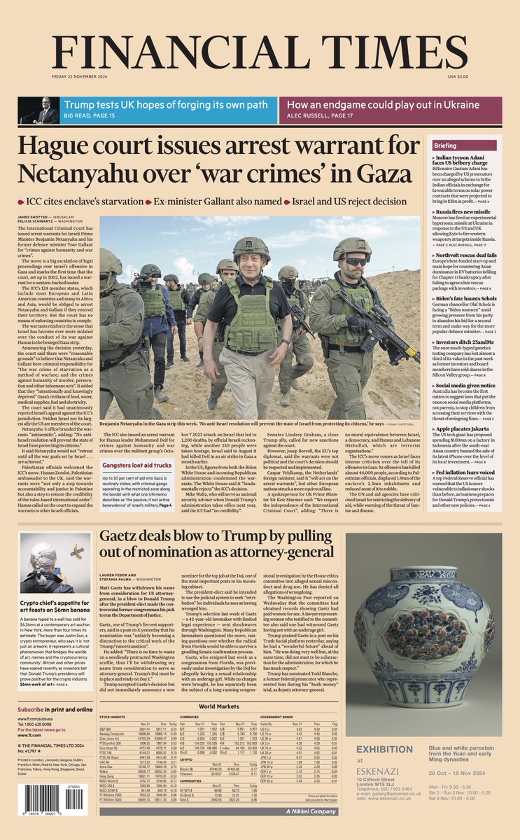 Just published: front page of the Financial Times, international edition, Friday 22 November on.ft.com/4i37Llc