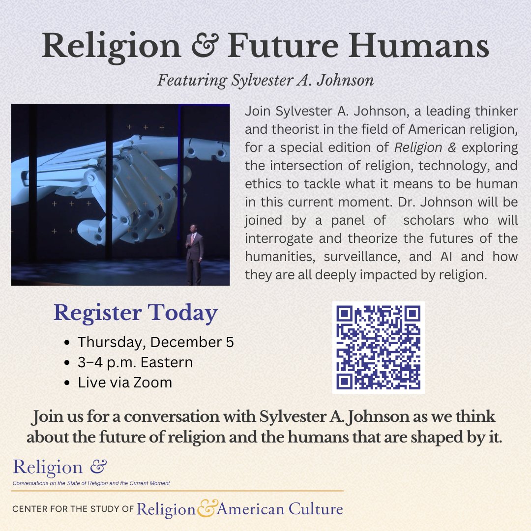 On December 5, we will be hosting a special edition of Religion &amp;, featuring Sylvester A. Johnson. Leading scholars will interview Dr. Johnson on the futures of the humanities, surveillance, and AI and how they each is impacted by religion. Join us: raac.indianapolis.iu.edu/programs/relig….