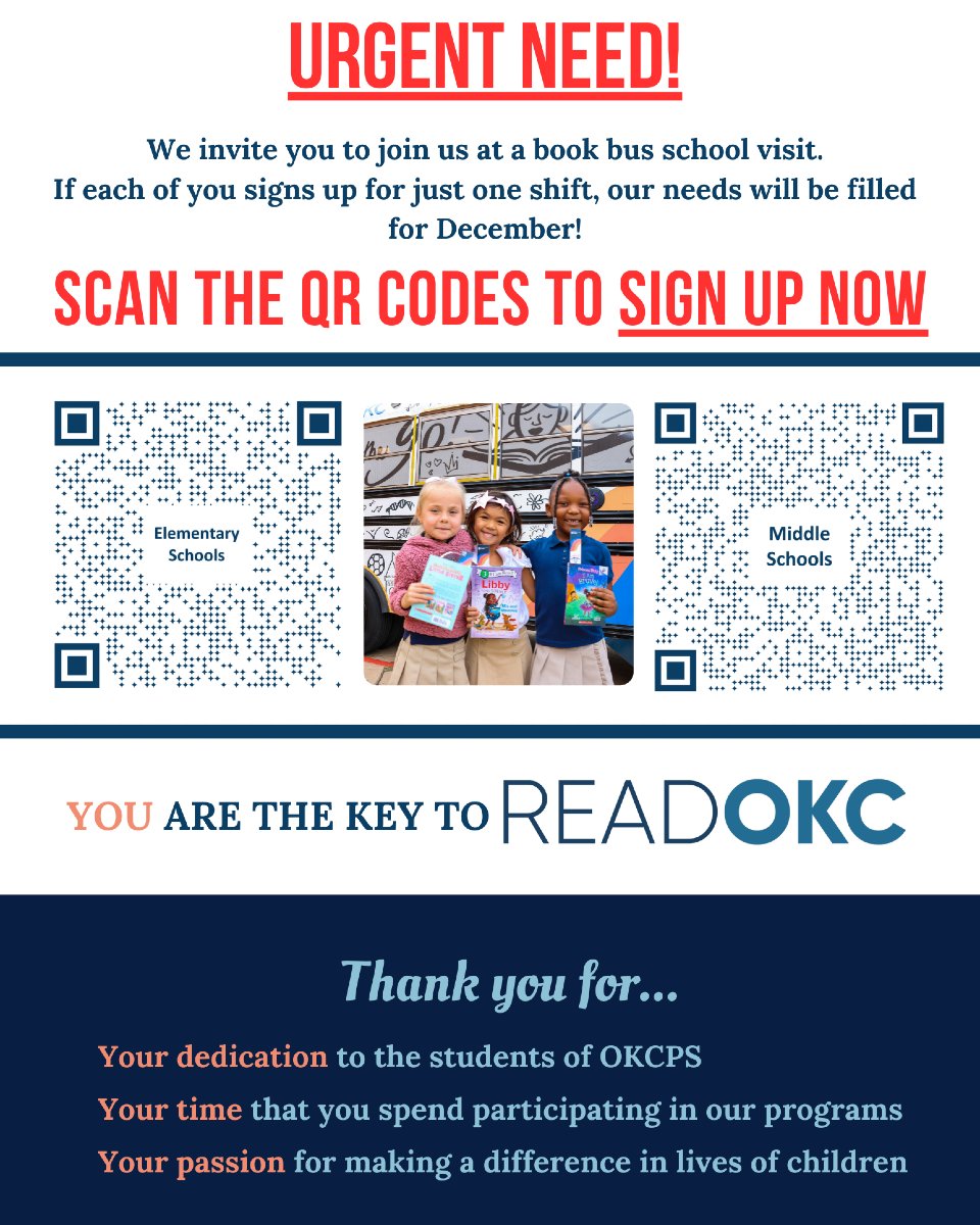 Oklahoma City Public Schools Foundation (@foundationokcps) on Twitter photo šØUrgent! Help bring the joy of reading to students! š We need volunteers for upcoming Book Bus visitsāmany slots are open! Without your help, students may miss out on having the best experience.
Sign up now:
Elementary: signupgenius.com/go/70A0D4CA8ACā¦
Middle: signupgenius.com/go/70A0D4CA8AC⦠šØUrgent! Help bring the joy of reading to students! š We need volunteers for upcoming Book Bus visitsāmany slots are open! Without your help, students may miss out on having the best experience.
Sign up now:
Elementary: signupgenius.com/go/70A0D4CA8ACā¦
Middle: signupgenius.com/go/70A0D4CA8ACā¦