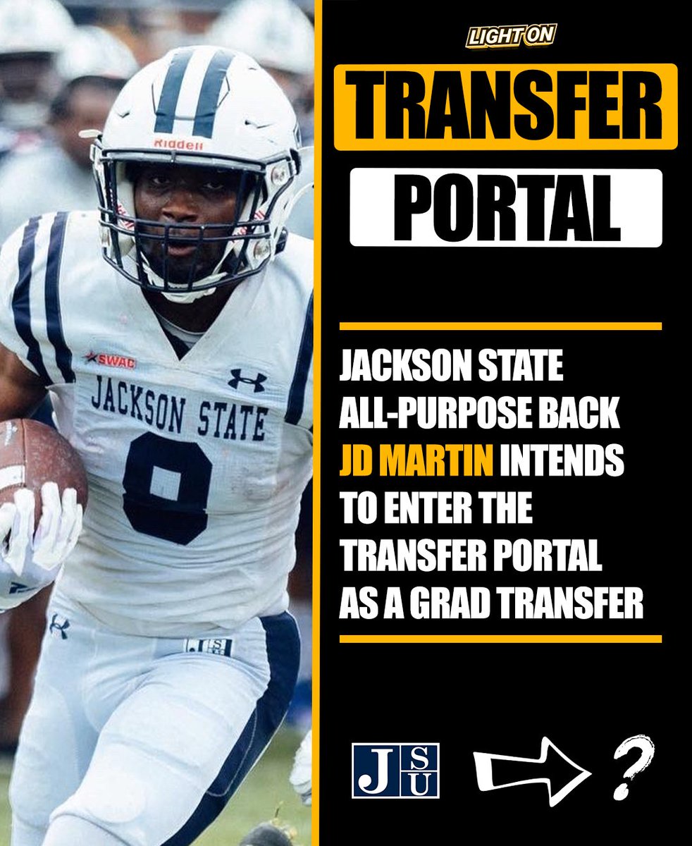 LightOnSports's tweet photo. Jackson State all-purpose running back JD Martin intends to enter the transfer portal as a graduate transfer, per his social media.

Martin totaled 720 rushing yards, 289 receiving yards, and 8 touchdowns during his four seasons with the Tigers.

(via @fns_jd23) https://t.co/aP5x7rM7ea