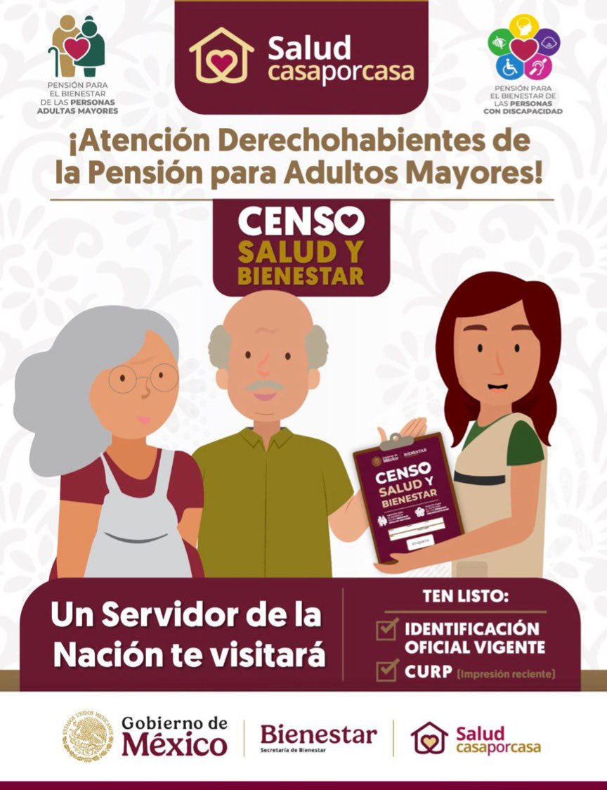 ❤️ Aviso #PensiónAdultoMayor 👴👵❤️

Con el #CensoSaludBienestar🩺❤️ te visitaremos en tu domicilio para aplicar un cuestionario de salud. Recuerda tener a la mano tus documentos. 

¡Atenderemos la #SaludCasaporCasa!

<a href="/Claudiashein/">Claudia Sheinbaum Pardo</a> 
#HumanismoMexicano
#PrimeroLosPobres