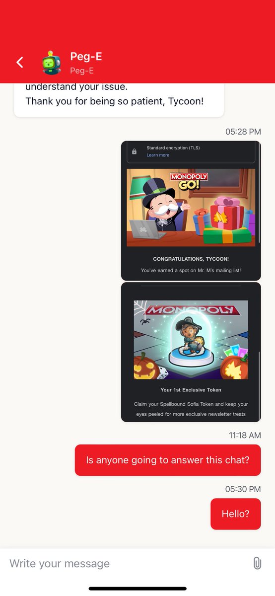 EvanOBrien2's tweet photo. @MonopolyGO been waiting 24 hours for chat support.  Is chat this backed up? https://t.co/XUdi0ysY5a