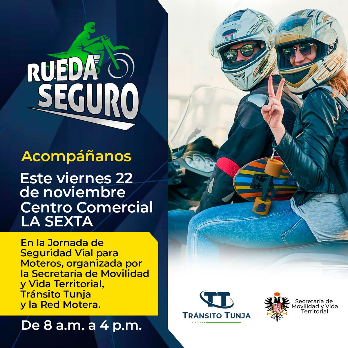 transitotunja's tweet image. #RuedaSeguro🤗Únete a la jornada de seguridad vial este viernes  22 de noviembre🚸campaña @MovilidadTunja #RedMoteraTunja y @transitotunja😁Los esperamos:  8am a 4pm, cc La Sexta #Tunja 🚦Apoya a tu Cuidad 
🫶🏼Yo💙#Tunja🚸#MatriculaEnTunja y súbete a la transformación 👈🏽  🚸