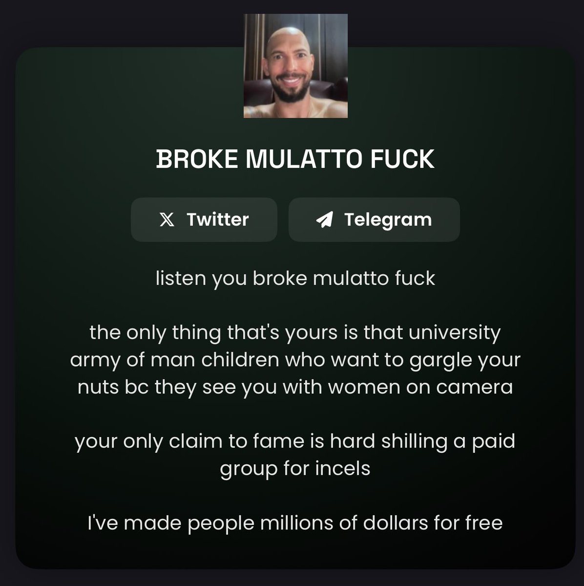 0xHellraiser's tweet photo. 4QPp2fKk6Ta1Q1vKZSCyZCRWir5BY62r6CWEYvsUpump

@@Cobratate grift stream live. PnDing the hell out of new Exit Liquidity. 

@blknoiz06 called him out a few months ago. Buying this as a counter-offensive to his shithousery. https://t.co/B6wgacoTcs