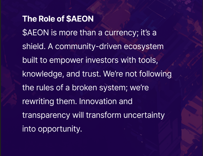 RealAeonproject's tweet photo. 🔰 The Role of $AEON (10/12)🔰
$AEON is more than a currency, it's a shield 🛡️, a movement, and a mission.
🌟 We fight for investors
🛠️ We break the rules of a broken system.
⚡ We turn uncertainty into opportunity

From the ashes, we raise 🔥🦅
#AEONarmy #AEONReborn https://t.co/xIG2FyiIxc