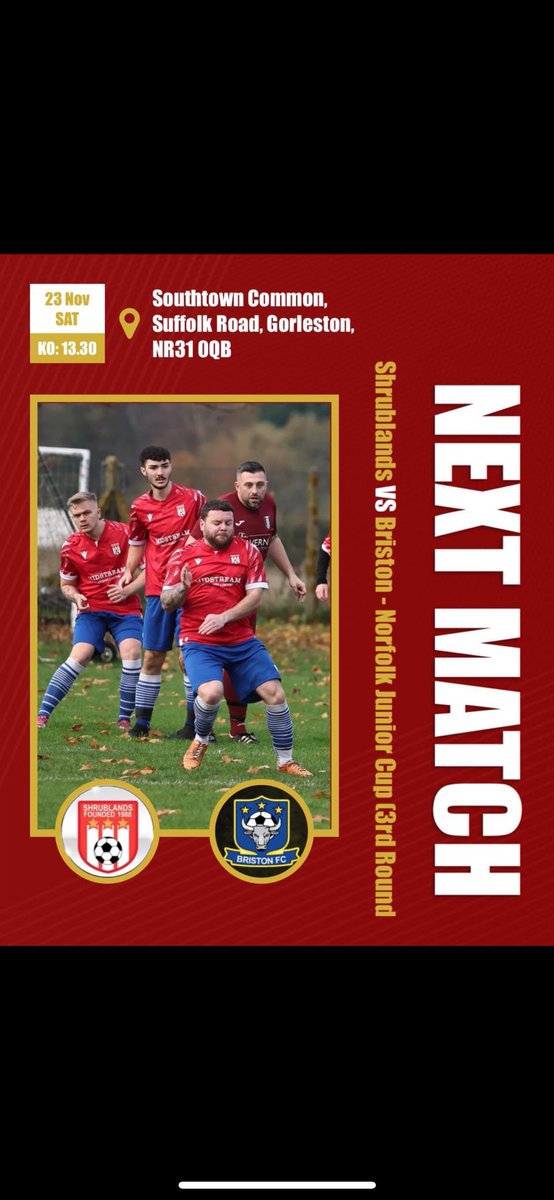First team look to continue their good form as they host <a href="/BristonFC/">Briston FC</a> from the league above in the county cup! All support welcome as we look to cause an upset #uptheshrubs