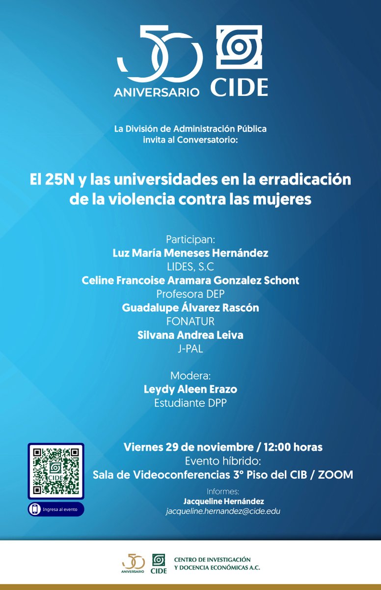 CIDE_RC's tweet photo. #AgendaCIDE |  La DAP y el CIDE Región Centro invitan al conversatorio: "El 25N y las universidades en la erradicación de la violencia contra las mujeres".
📅 29/11/2024
⏰ 12:00 horas
🌍 Evento virtual por zoom https://t.co/dxDZz85xAY