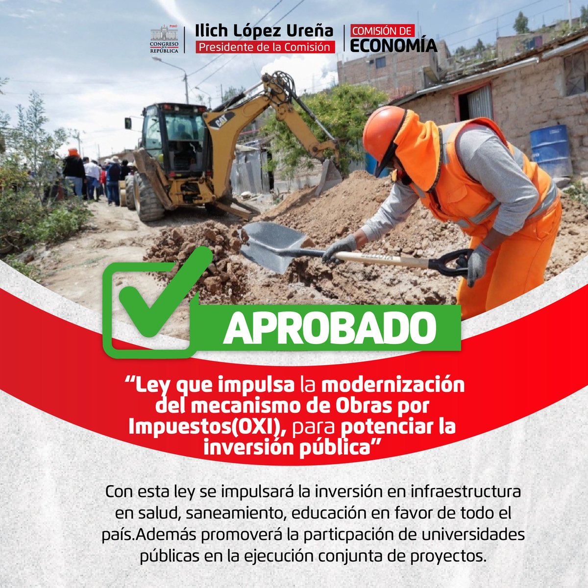 ComEconomia_'s tweet photo. El Congreso modernizó la Ley de Obras por Impuestos para ampliar entidades ejecutoras y financiar más obras con recursos recaudados, impulsando inversión pública y cerrando brechas en infraestructura. https://t.co/UeHCTOQR2o