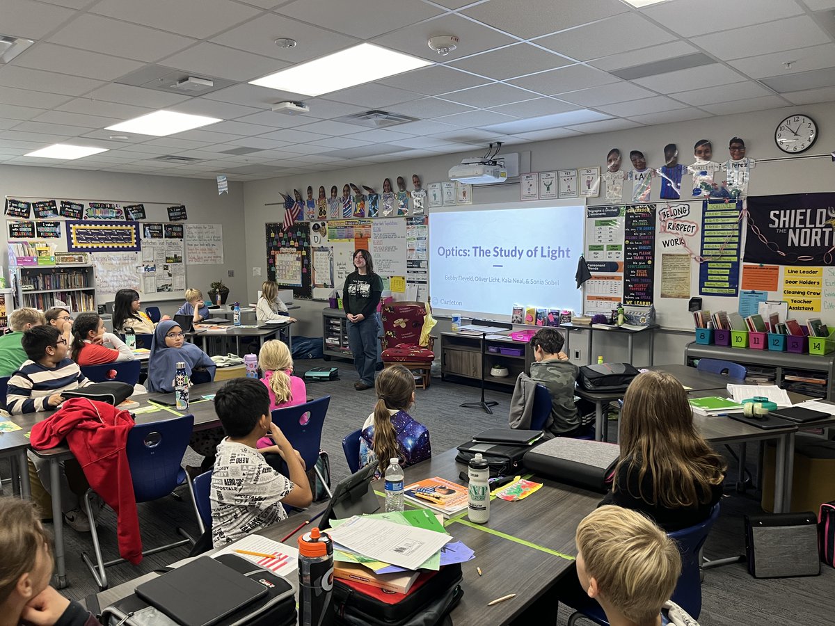Physics students from an Optics class at Carleton College recently presented information and hands-on learning activities to Greenvale Park 5th grade students. The Carleton students were able to share projects on different applications of optics, including color, light &amp; lasers.