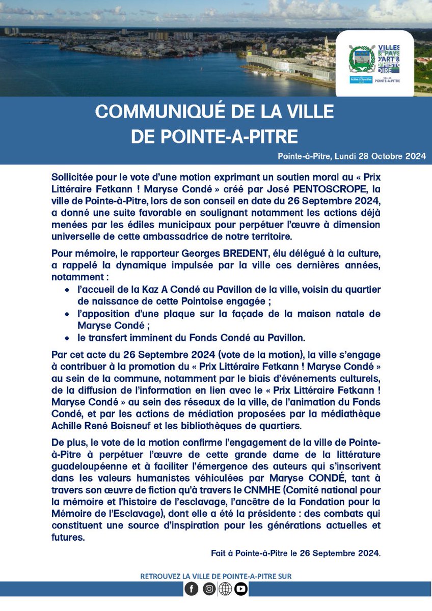 COMMUNIQUÉ DE LA VILLE DE POINTE-A-PITRE

cifordom.net/communique-de-…

#LittératureGuadeloupéenne #MaryseCondé #PrixLittéraireFetkann #PointeàPitre #KazACondé #FondsCondé #CultureEtPatrimoine #MédiathèqueAchilleRenéBoisneuf #BibliothèquesDeQuartier #MémoireDeLEsclavage #Humanisme