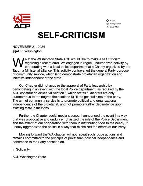 ACP_Washington's tweet image. We at the Washington Chapter of the American Communist Party would like to rectify a recent mistake by issuing a public self-criticism in order to reflect upon a recent error.
We remain committed to the principle of proletarian political independence.