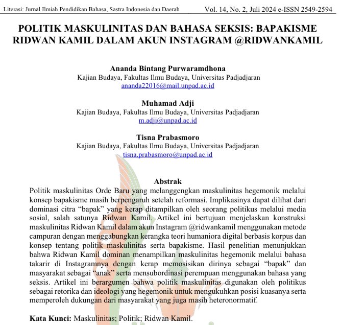 purwaram's tweet image. Sempat nulis penelitian tentang Instagramnya Ridwan Kamil. Saya melakukan analisis korpus terhadap takarir instagramnya dari 2013 sampai menjabat Gubernur. Hasilnya setali tiga uang dengan apa yang sering dia lakukan sekarang: seksis dan ngartis.