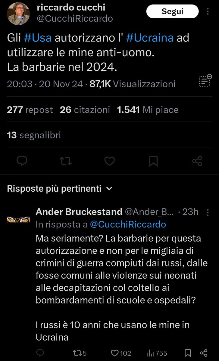 Ander_Bruckes's tweet photo. Non credevo che il mio tweet mi sarebbe valso un blocco da parte di Riccardo Cucchi, ma i pacifinti sono così: se fai notare loro che il principale responsabile della guerra non è l'Occidente cattivo, ma la Russia, si offendono.

Più che pacifinti sembrano filorussi 🙄 https://t.co/BXmyS2PJVw