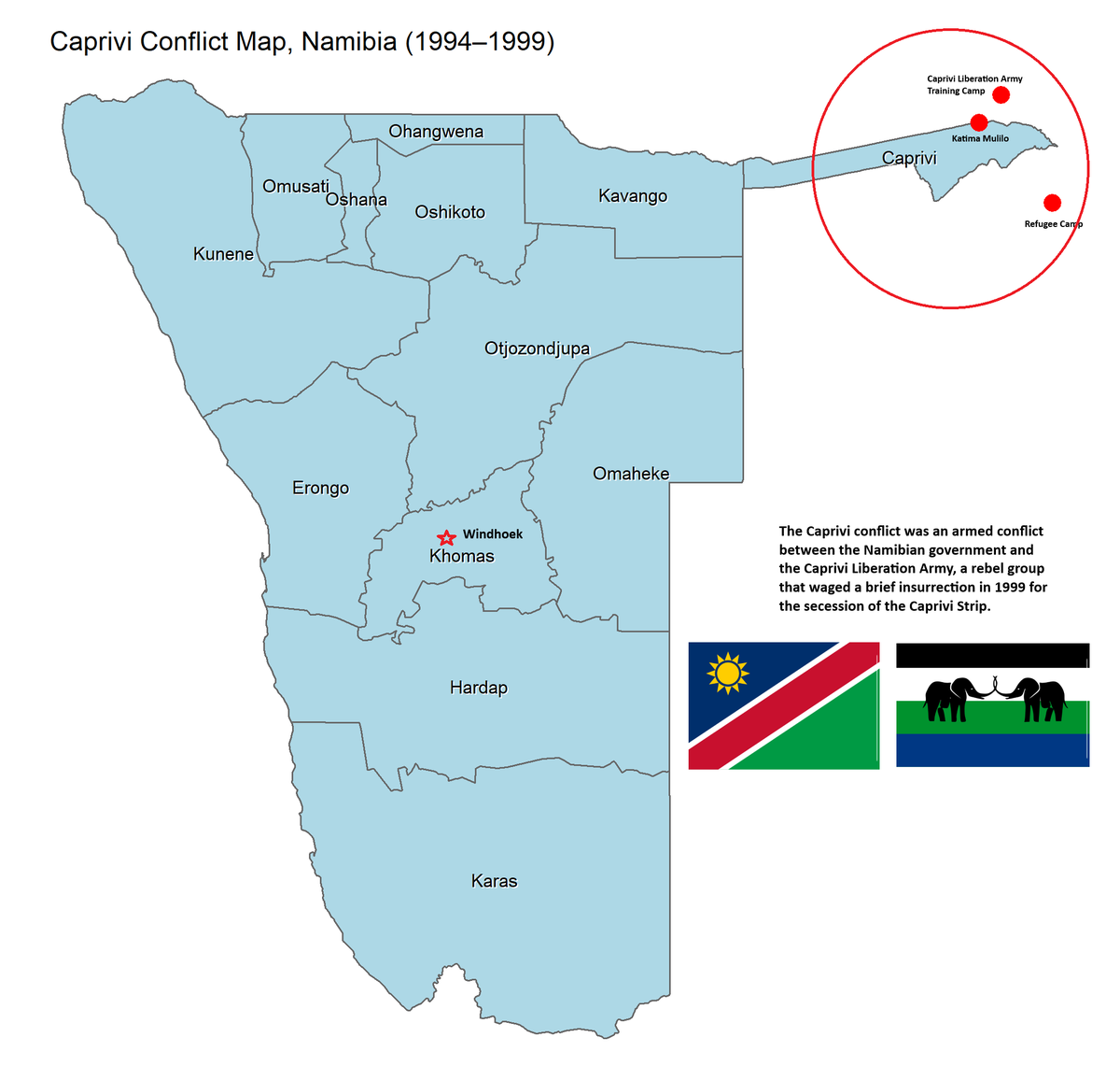 bdgroves's tweet photo. Day 21 of the #30daymapchallenge: Conflict 🌍💥. A look at the Caprivi conflict in Namibia, a brief insurrection for secession in 1999. Visualized using R with a bit of MS Paint magic 🎨. Check out more about it here: https://t.co/BbWVRQ5XL6 🗺️🔥 #Mapping #ConflictMapping https://t.co/KhKegxJYTQ