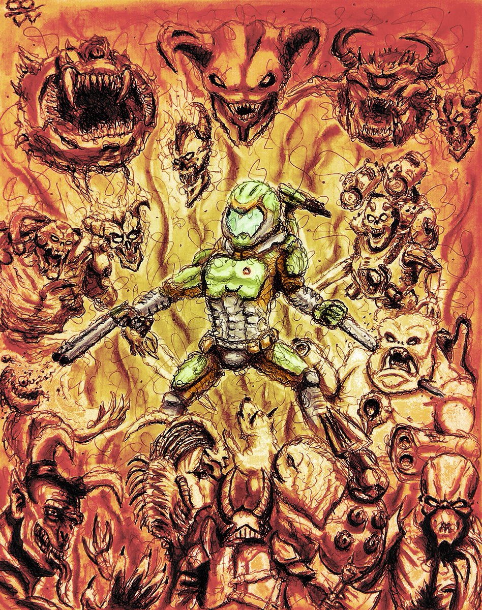 BarrenSloppy's tweet photo. DOOM
Added some color to my Doomguy scribbles.
#BaronHoppe
#doom #finaldoom #doometernal #bethesda #doomguy #monsters #demons #demon #hell #evil #cacodemon #lostsoul #baronofhell #sketch #sketchbook #Drawing #scribbles #gamer #fanart #doomfanart #doomfan #doomslayer https://t.co/r3rephllTe