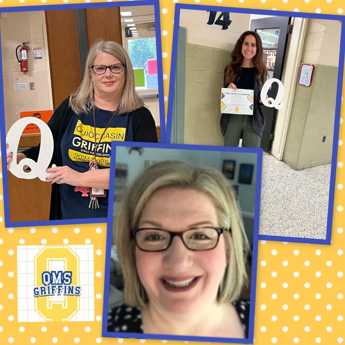 We are happy to announce our November Griffins of the Month: Stephanie O’Neil, Science Teacher, and Erin Sams, School Counselor. Congratulations also to Mrs. Tammy Mizelle, School Counseling Director, our Golden Apple Award Winner!  Thank you for all you do for our Q-munity!