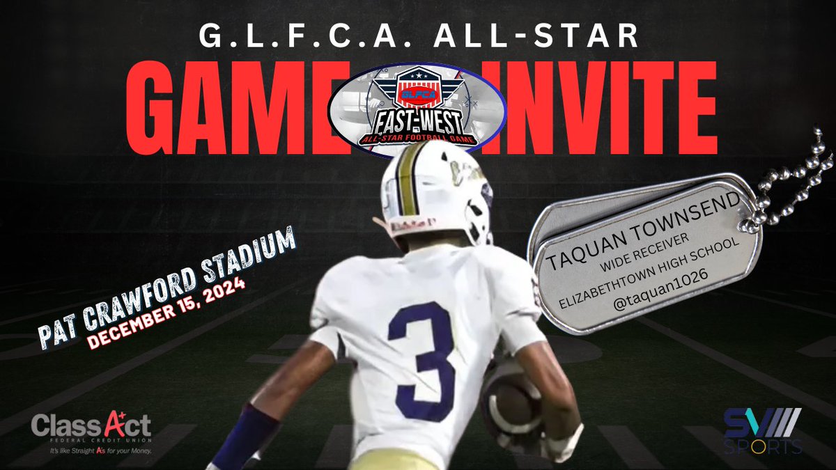 🚨<a href="/GLFCA1/">GLFCA</a> EAST VS. WEST ALL-STAR FOOTBALL GAME🚨
DATE: DECEMBER 15, 2024
LOCATION: <a href="/Ballard_Bruins/">Ballard Bruin Athletics</a> (LOUISVILLE, KY)

☆Congrats to WR <a href="/taquan1026/">Ta’Quan Townsend</a> of <a href="/EtownFB/">E-town Panther Football</a> on his OFFICIAL INVITE to the 2024 GLFCA East vs. West All-Star Football Game☆

*FURTHER DETAILS SHARED LATER*