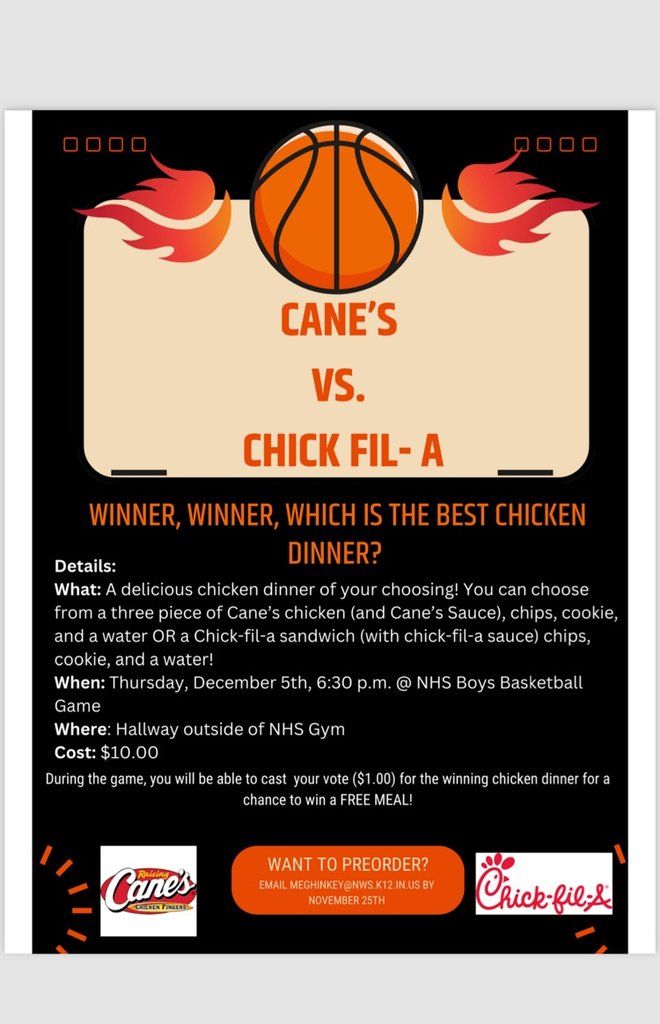 Don't be a chicken. Join us December 5th at the boy's basketball game for Cane's vs Chick Fil-A. Proceeds will support After Prom.
