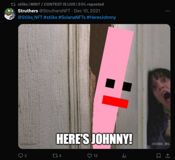 Just Stiiks.
Stiiks was launched by an anon three-person team ( dev, artist, and mod, according to their own modest description) in a stealth mint exactly three years ago today.

1111 Stiiks, at 0.11 SOL, and 1.1% royalty... as you can see, Stiiks has a thing for the number 1 🧵