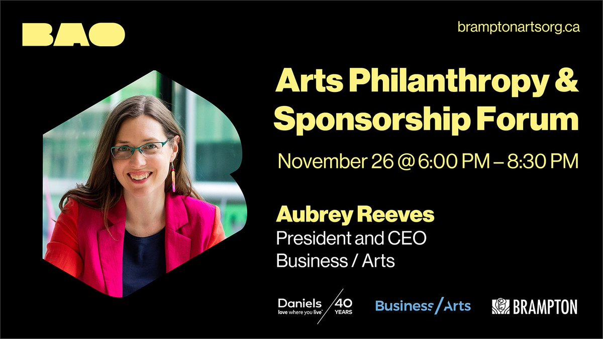 The fourth panellist for the BAO Arts Philanthropy &amp; Sponsorship Forum is Aubrey Reeves, President and CEO of <a href="/BusinessftArts/">Business / Arts</a>. Learn how to enhance the culture of philanthropy &amp; sponsorship in #Brampton’s arts, culture &amp; creative sectors.
Register here …hropy-sponsorship-forum.eventbrite.ca/?aff=BAOtwitter