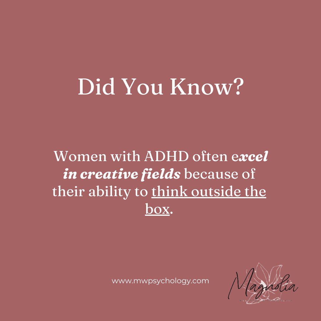 mwpsychology1's tweet image. Women with ADHD often excel in creative fields thanks to their unique ability to think outside the box. 🌟🎨✨Schedule your initial appointment today! mwpsychology.com/contact-us 

#adhdstruggles #adhdsolutions #adhdproblems  #adhdawareness #psychologicaltesting #mwpsychology