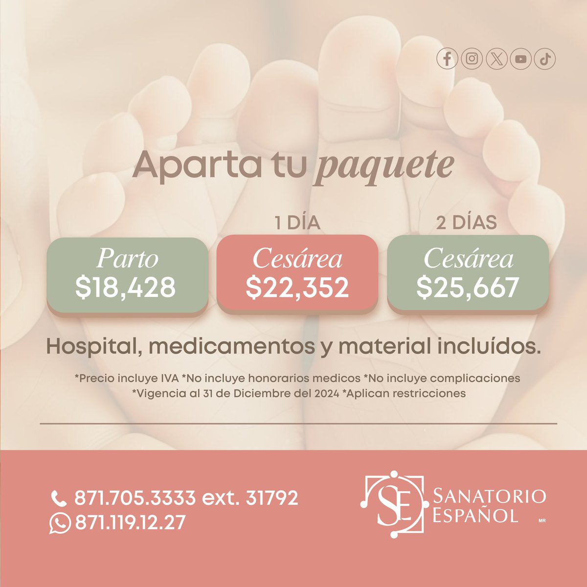 Tranquila estás en Sanatorio Español.

Aparta tu paquete al 871.705.33.33 ext. 31792 ó por Whatsapp 871.1191227

CONTIGO en los momentos más importantes.

#sanatorioespañol #maternidad #laatencionquetumereces