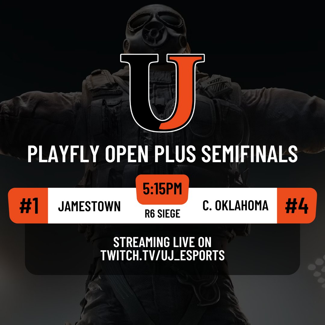 ONE MORE FOR THE WEEK! Our #1 seeded Rainbow Six Siege team will be taking on University of Central Oklahoma tonight in the Playfly Open Plus Semifinals at 5:15pm. Game will be streamed live at twitch.tv/uj_esports