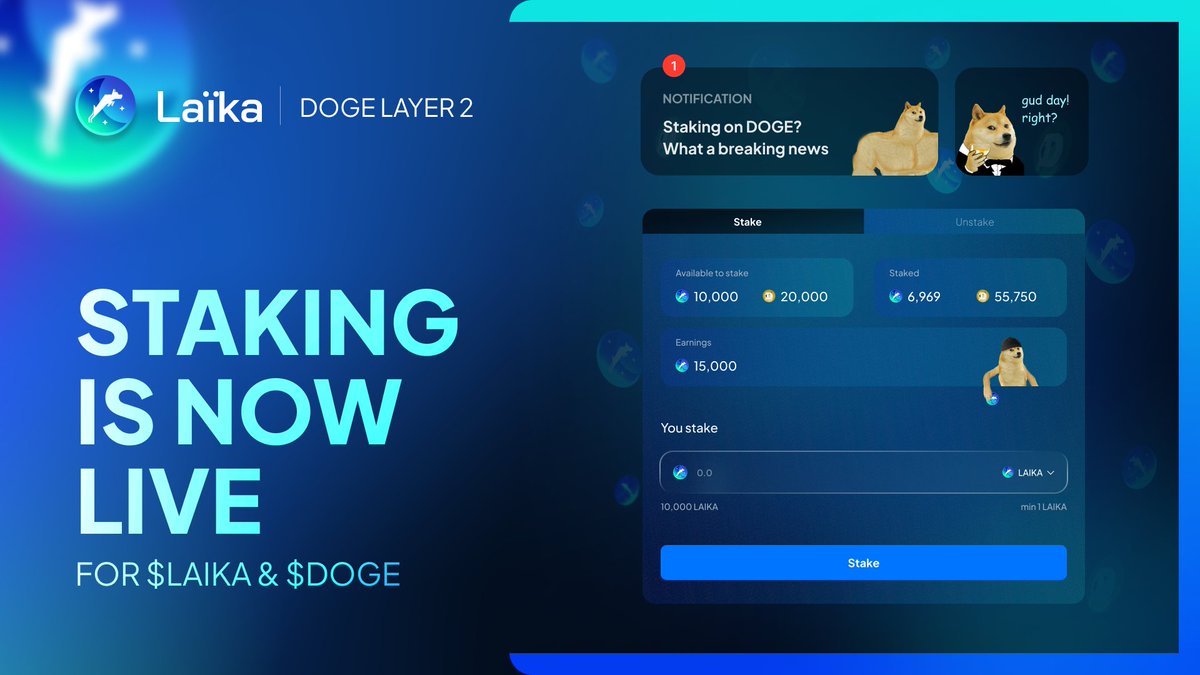 STAKE YOUR DOGE, SECURE THE DOGFI 🙌 $DOGE and $LAIKA staking is now live  on Laïka, the Doge L2! Dive into DogeFi, earn rewards, and help secure the  network while shaping the