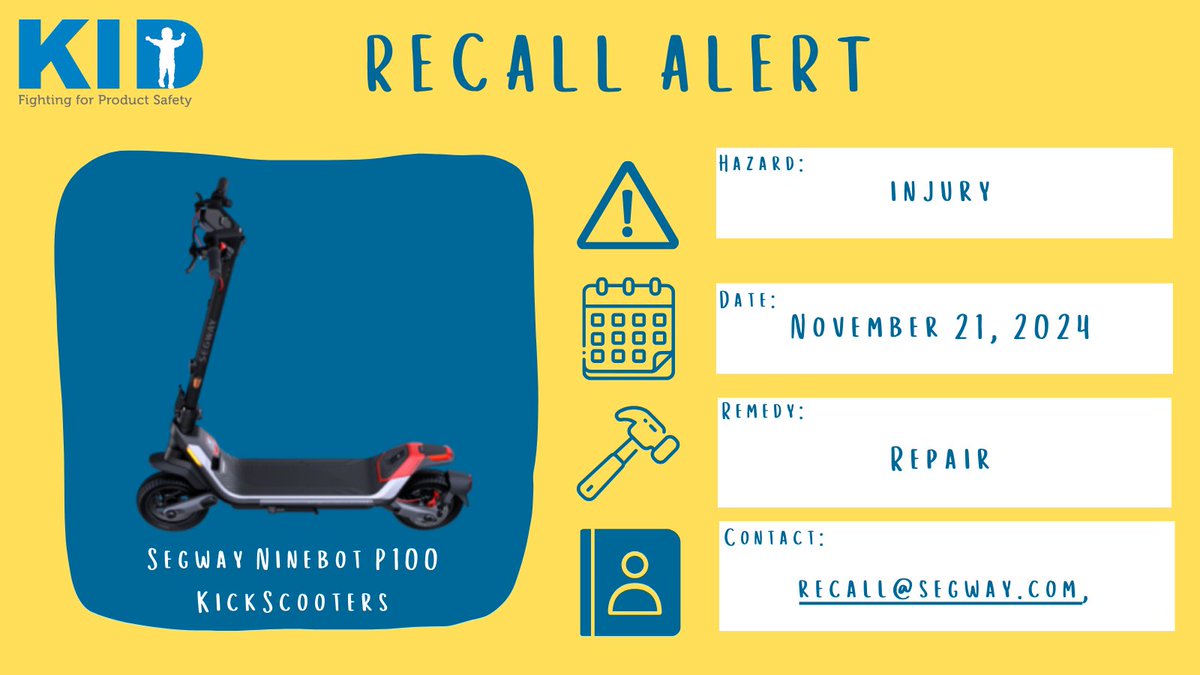 RECALL ALERT: Segway Recalls Segway Ninebot P100 KickScooters Due to Fall and Injury Hazards. Learn more at cpsc.gov/Recalls/2025/S…
