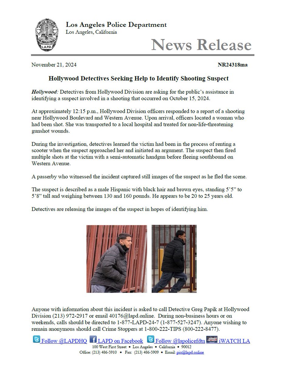 LAPD News: NR24318ma Hollywood Detectives Seeking Help to Identify Shooting Suspect