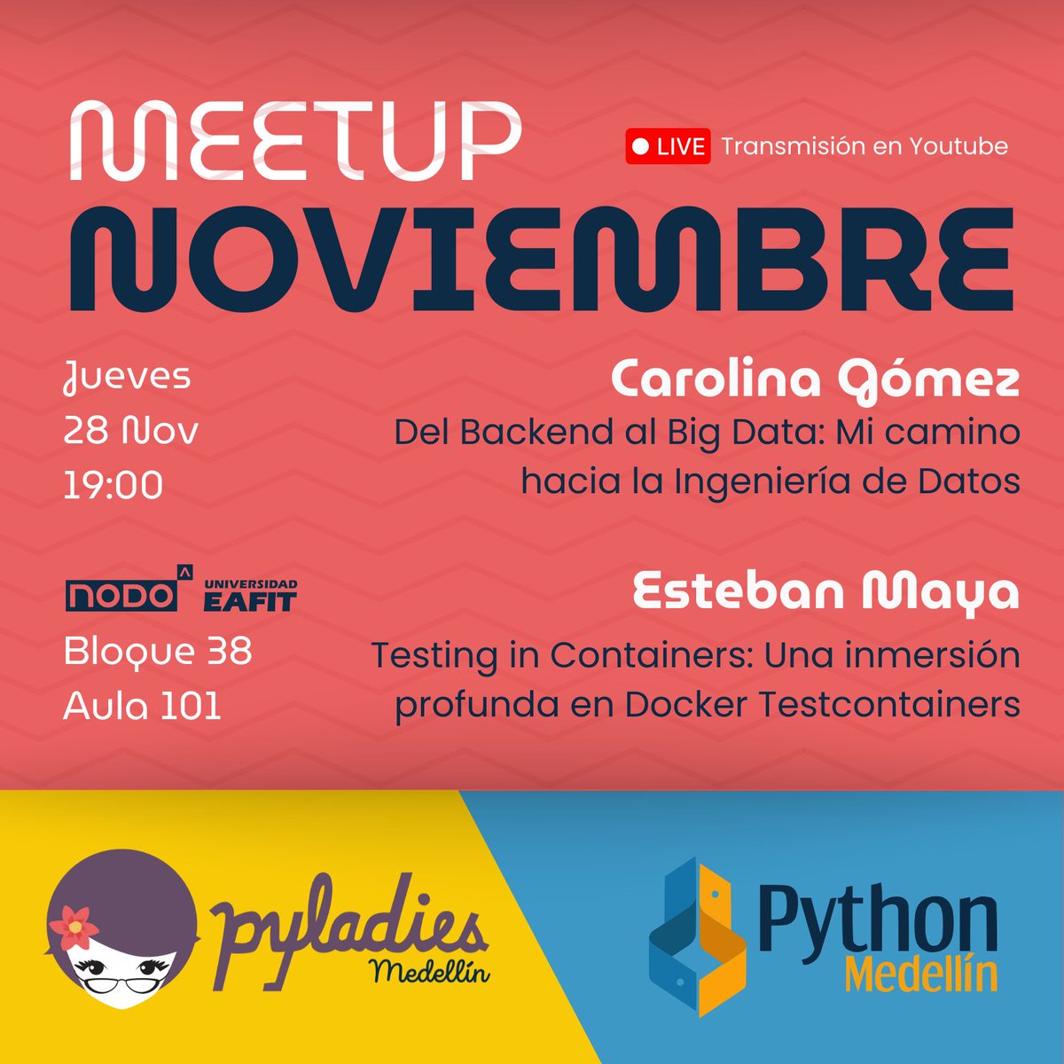 python_medellin's tweet image. 👋 ¡Hola a todos! Estamos felices de anunciar nuestro meetup de Noviembre 🎉

Este mes estaremos unidas las comunidades de @pyladiesmed y @pythonmedellin 💜💙

Inscripciones: meetup.com/es-ES/python-m…