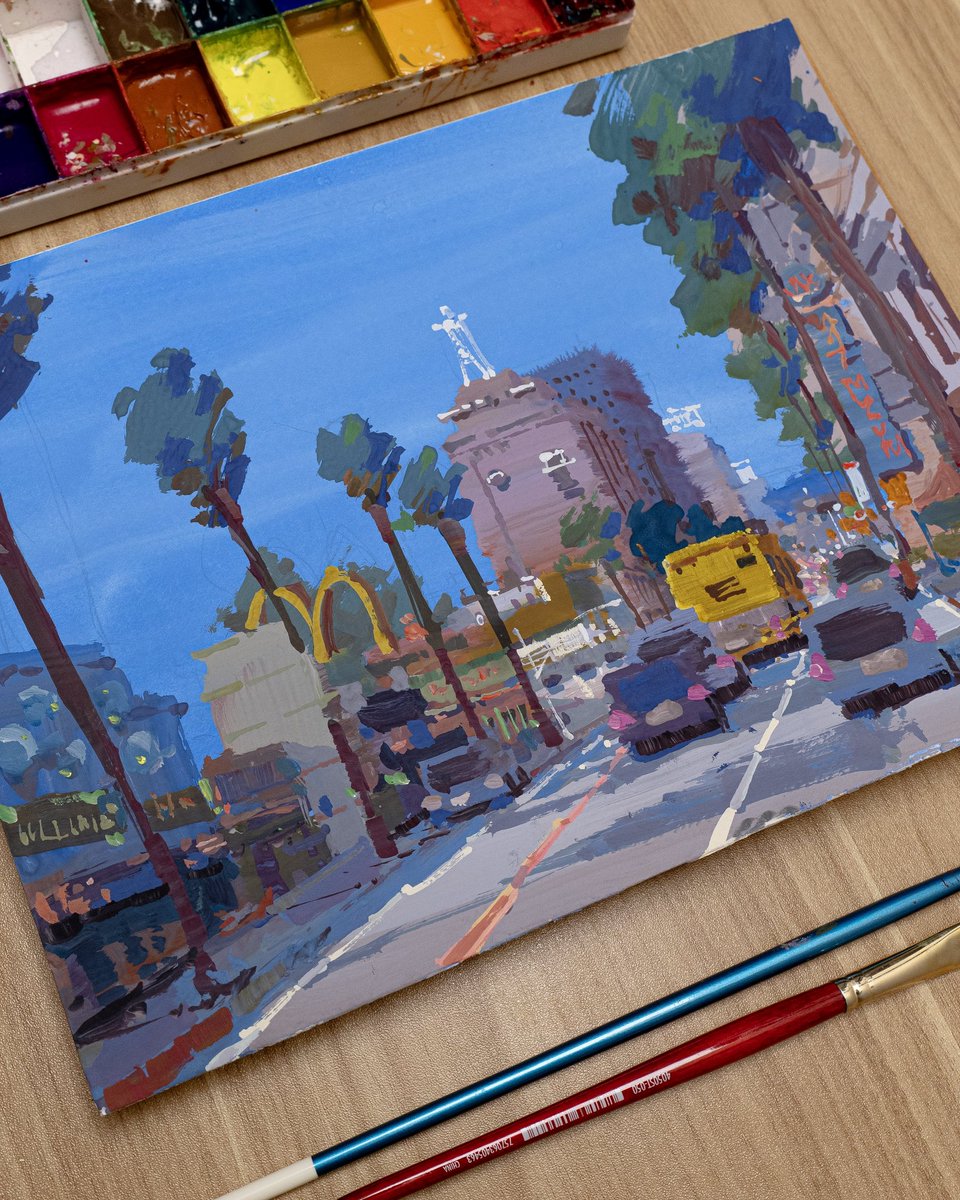 What's LA without its blue skies? I still
remember my first visit to the city- couldn't get over how bright and endless the sky looked. 
This piece is my way of holding onto that first impression, the kind of blue that makes you stop and just look up for a second.
#gouache