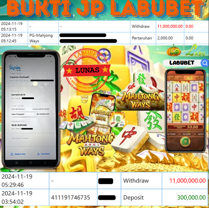 labubet's tweet photo. BUKTI JP MEMBER LABUBET
USER ID : UC**BA**30
SEBESAR Rp 11.000.000,-
📷𝐃𝐞𝐩𝐨𝐬𝐢𝐭 : Rp 300.000,-
📷𝐖𝐢𝐭𝐡𝐝𝐫𝐚𝐰 : Rp 11.000.000.-
📷𝐏𝐞𝐫𝐦𝐚𝐢𝐧𝐚𝐧 : PG-MAHJONG WAYS 
📷 Google : 𝐋𝐀𝐁𝐔𝐁𝐄𝐓 https://t.co/3mFcbWygrE