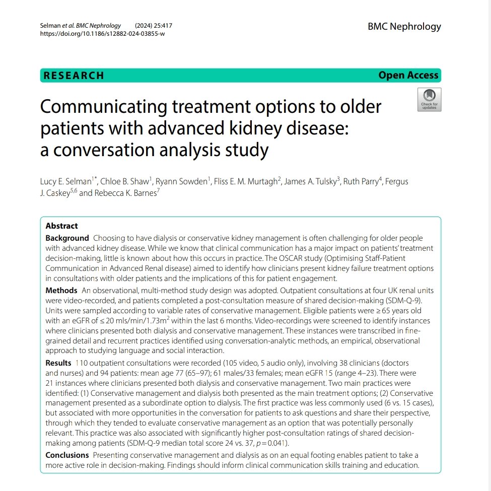Lucy Selman (@lucy_selman) on Twitter photo ๐ข New paper: Communicating treatment options to older patients with advanced kidney disease: a conversation analysis study.
bmcnephrol.biomedcentral.com/articles/10.11โฆ
CA led by the brilliant Dr Chloe Shaw.
Delighted the first <a href="/OSCAR_study/">OSCAR_study</a> paper is in the world ๐
<a href="/NIHRresearch/">National Institute for Health and Care Research</a> <a href="/CACEnotes/">Ruth Parry ๐</a> ๐ข New paper: Communicating treatment options to older patients with advanced kidney disease: a conversation analysis study.
bmcnephrol.biomedcentral.com/articles/10.11โฆ
CA led by the brilliant Dr Chloe Shaw.
Delighted the first <a href="/OSCAR_study/">OSCAR_study</a> paper is in the world ๐
<a href="/NIHRresearch/">National Institute for Health and Care Research</a> <a href="/CACEnotes/">Ruth Parry ๐</a>