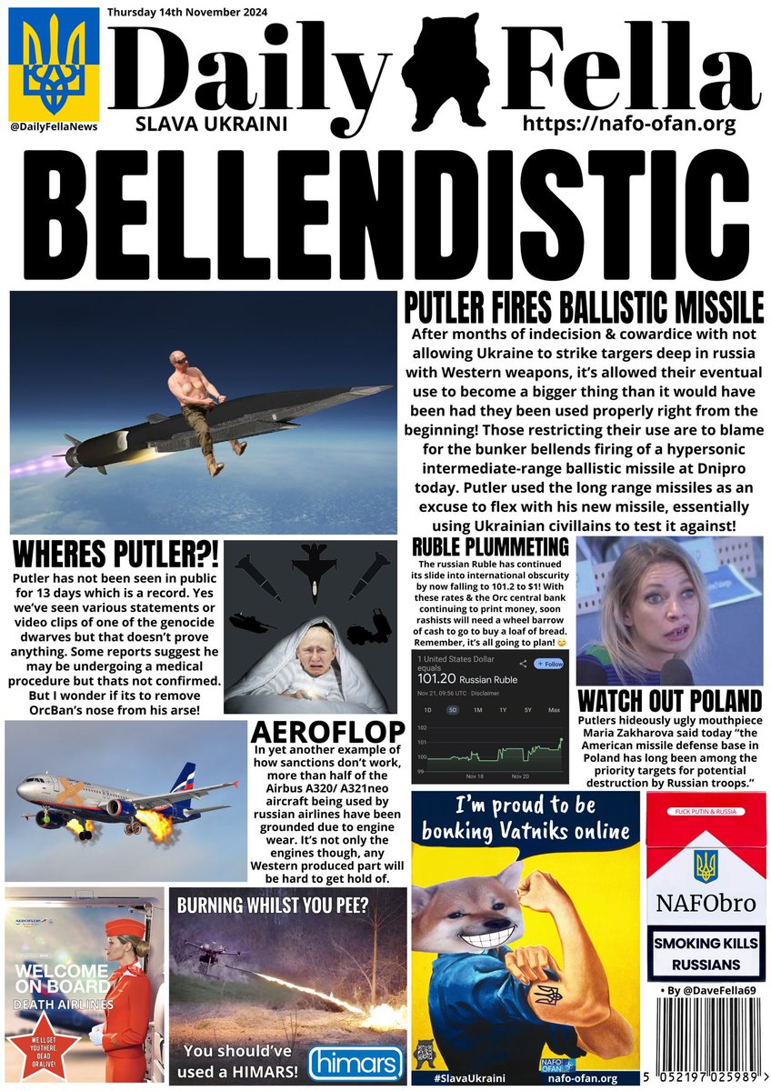 It’s Daily Fella time. Read about russia firing a ballistic missile at Ukraine, the Ruble drops against the Dollar once again &amp; has anybody seen Putin?!

#DailyFella #DailyFellaNews #SlavaUkraini #NAFO