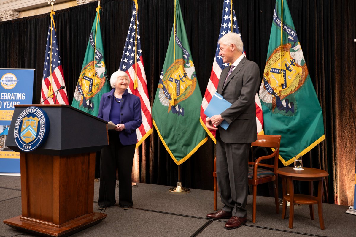 Secretary Janet Yellen (Archived) (@secyellen) on Twitter photo Today, I was honored to welcome President <a href="/BillClinton/">Bill Clinton</a> to <a href="/USTreasury/">Treasury Department</a> to mark 30 years of the <a href="/CDFIFund/">The CDFI Fund</a>. Community lenders are creating opportunity by increasing capital in underinvested communities. Today, I was honored to welcome President <a href="/BillClinton/">Bill Clinton</a> to <a href="/USTreasury/">Treasury Department</a> to mark 30 years of the <a href="/CDFIFund/">The CDFI Fund</a>. Community lenders are creating opportunity by increasing capital in underinvested communities.