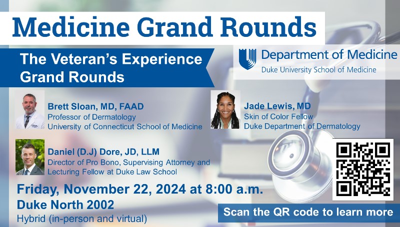 Join us tomorrow for our Annual Veterans’ Experience Grand Rounds, 🩺 Featuring Dr. Brett Sloan, Daniel “DJ” Dore (<a href="/DukeLaw/">Duke Law</a> ), and Dr. Jade Lewis (<a href="/DukeDermatology/">DukeDermatology</a>) In Duke North 2002 &amp; on Zoom!