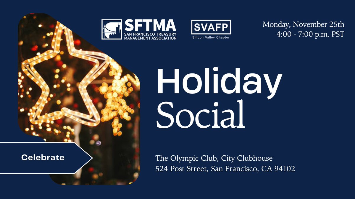 AtlasFX's tweet photo. Reminder: Join the Holiday Social hosted by SFTMA &amp; Silicon Valley AFP, sponsored by AtlasFX.  

Nov 25, 2024 
4:00–7:00 PM  
Olympic Club, City Clubhouse  

Connect, celebrate, and network. Don’t miss it! Details at https://t.co/PNLFkjSXfX. https://t.co/7s1HrCoSvt