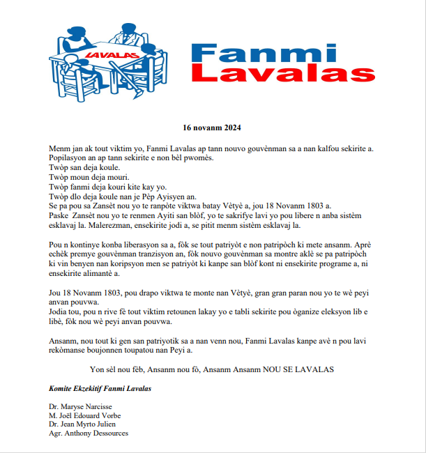 HaitiAction1's tweet photo. English translation of #Fanmi Lavalas Nov. 16, 2024 Press Release commemorating the Battle of Vertieres, the decisive battle in the war for Haiti's national liberation on Nov. 18, 1803 https://t.co/QmQpz3C6O0 Alone we are weak, together we are strong, all together WE ARE LAVALAS https://t.co/DAX5MIS2Rg