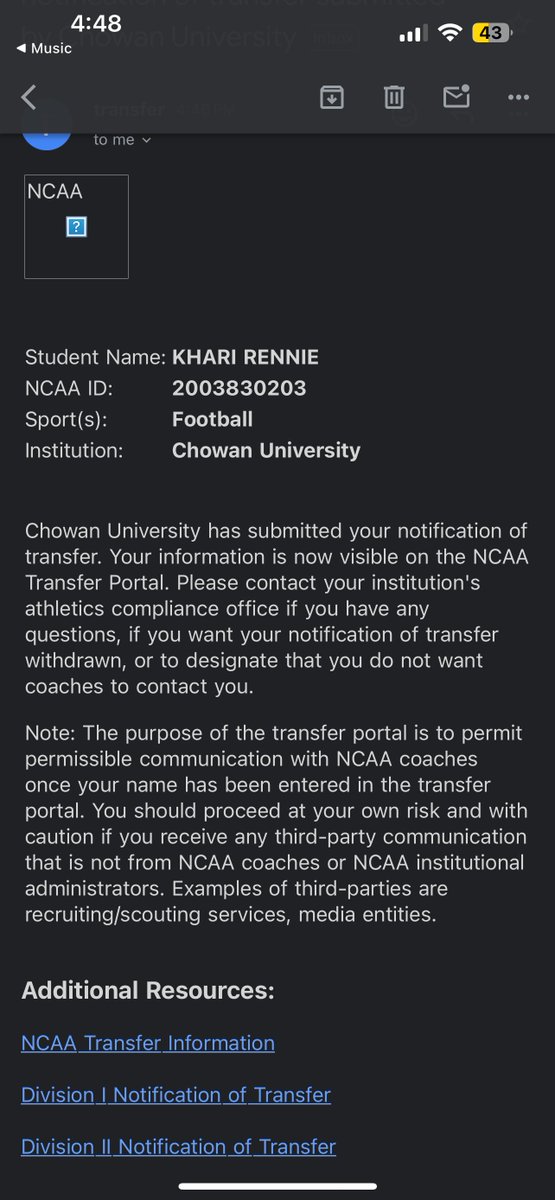 Khari_Rennie (@kharirennie) on Twitter photo 🚨I have entered into the NCAA Transfer Portal. 🏈With that being said I am a redshirt freshman with 3 years of eligibility left & my recruitment is open.
Email: KhariPopRennie@gmail.com
Jeremiah 29:11⛪️ 🚨I have entered into the NCAA Transfer Portal. 🏈With that being said I am a redshirt freshman with 3 years of eligibility left & my recruitment is open.
Email: KhariPopRennie@gmail.com
Jeremiah 29:11⛪️