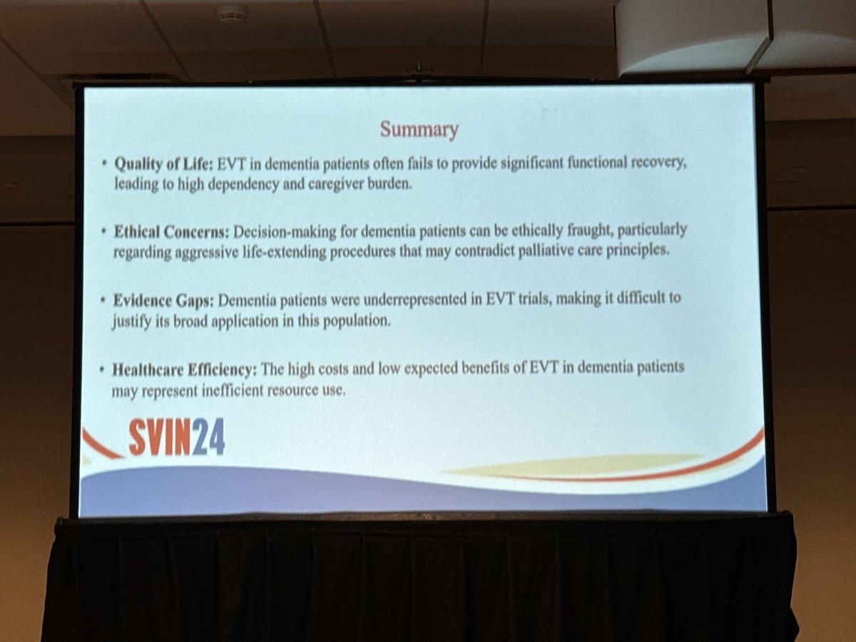 Thanh Lam "Lance" Tran (@lance_tran_) on Twitter photo <a href="/azher_aidan/">Aidan Azher</a> nails great points with CON argument in EVT for pts with dementia at #SVIN24
Consider caregiven burden, poorer rehab potential, post-procedural complications, underrepresentation in trials, ethical qualms, cost-effectiveness, other aggressive care issues. <a href="/azher_aidan/">Aidan Azher</a> nails great points with CON argument in EVT for pts with dementia at #SVIN24
Consider caregiven burden, poorer rehab potential, post-procedural complications, underrepresentation in trials, ethical qualms, cost-effectiveness, other aggressive care issues.