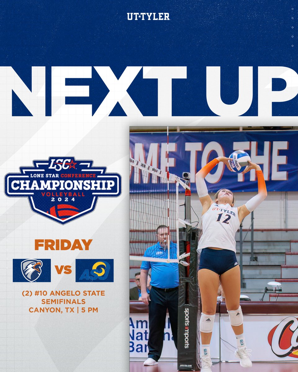 UT Tyler Patriots (@uttylerpatriots) on Twitter photo VB | The semifinals are set.
<a href="/uttyler_vball/">UT Tyler Volleyball</a> will play no. 2 seeded Angelo State in the first semifinal match of the 2024 Lone Star Conference Volleyball Championship Tournament tomorrow evening at 5 p.m. in Canyon, Texas!
#SwoopSwoop VB | The semifinals are set.
<a href="/uttyler_vball/">UT Tyler Volleyball</a> will play no. 2 seeded Angelo State in the first semifinal match of the 2024 Lone Star Conference Volleyball Championship Tournament tomorrow evening at 5 p.m. in Canyon, Texas!
#SwoopSwoop