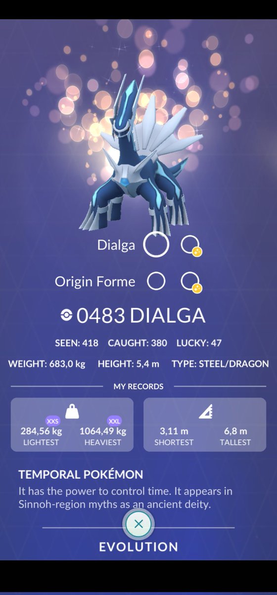💯 Dialga finally!!

418 seen
47 trading attempts 
1163 XL from raids

Huge day for me!