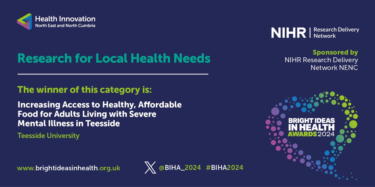 Bright Ideas In Health Awards (@biha_2024) on Twitter photo And the Research for Local Health Needs Award goes to…
🌟 Increasing Access to Healthy, Affordable Food for Adults Living with Severe Mental Illness in Teesside by <a href="/TeessideUni/">Teesside University</a>
🎉 Your research is making a vital impact to local communities. #BIHA2024 And the Research for Local Health Needs Award goes to…
🌟 Increasing Access to Healthy, Affordable Food for Adults Living with Severe Mental Illness in Teesside by <a href="/TeessideUni/">Teesside University</a>
🎉 Your research is making a vital impact to local communities. #BIHA2024