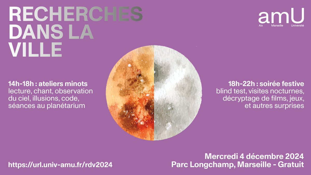 Recherches Dans la Ville : un événement culturel et scientifique à Marseille ! @univamu organise un événement festif qui  fusionne culture et sciences ! Le mercredi 4 décembre, de 14h à 22h, le  Parc Longchamp vous accueillera pour une journée et une  soirée riche en découvertes.