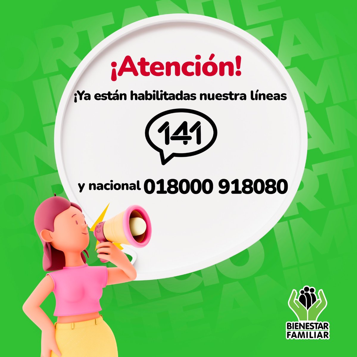 ICBFColombia's tweet photo. #BienestarFamiliar informa que la Línea 1⃣4⃣1⃣ y la Línea nacional 01 8000 918080, ya están habilitadas.

Agradecemos a la ciudadanía su comprensión y les invitamos a usar nuestros canales para cualquier consulta, inquietud y/o  requerimiento. https://t.co/3Am8DO8Q8Z