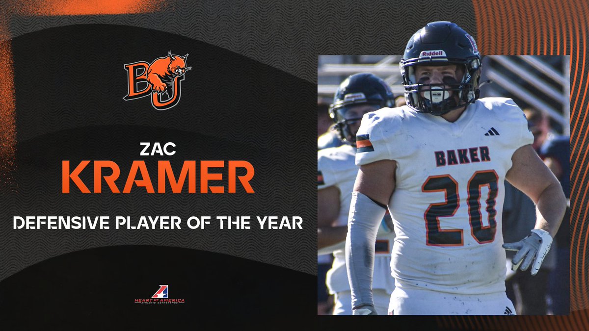 FB: Congrats to junior linebacker Zac Kramer on being named the 2024 Heart South Defensive Player of the Year!!

Kramer becomes the 2nd straight <a href="/BakerU_Football/">Baker University Football</a> player to receive the award after Canon Karn won it last year!

#BakerBuildsChampions